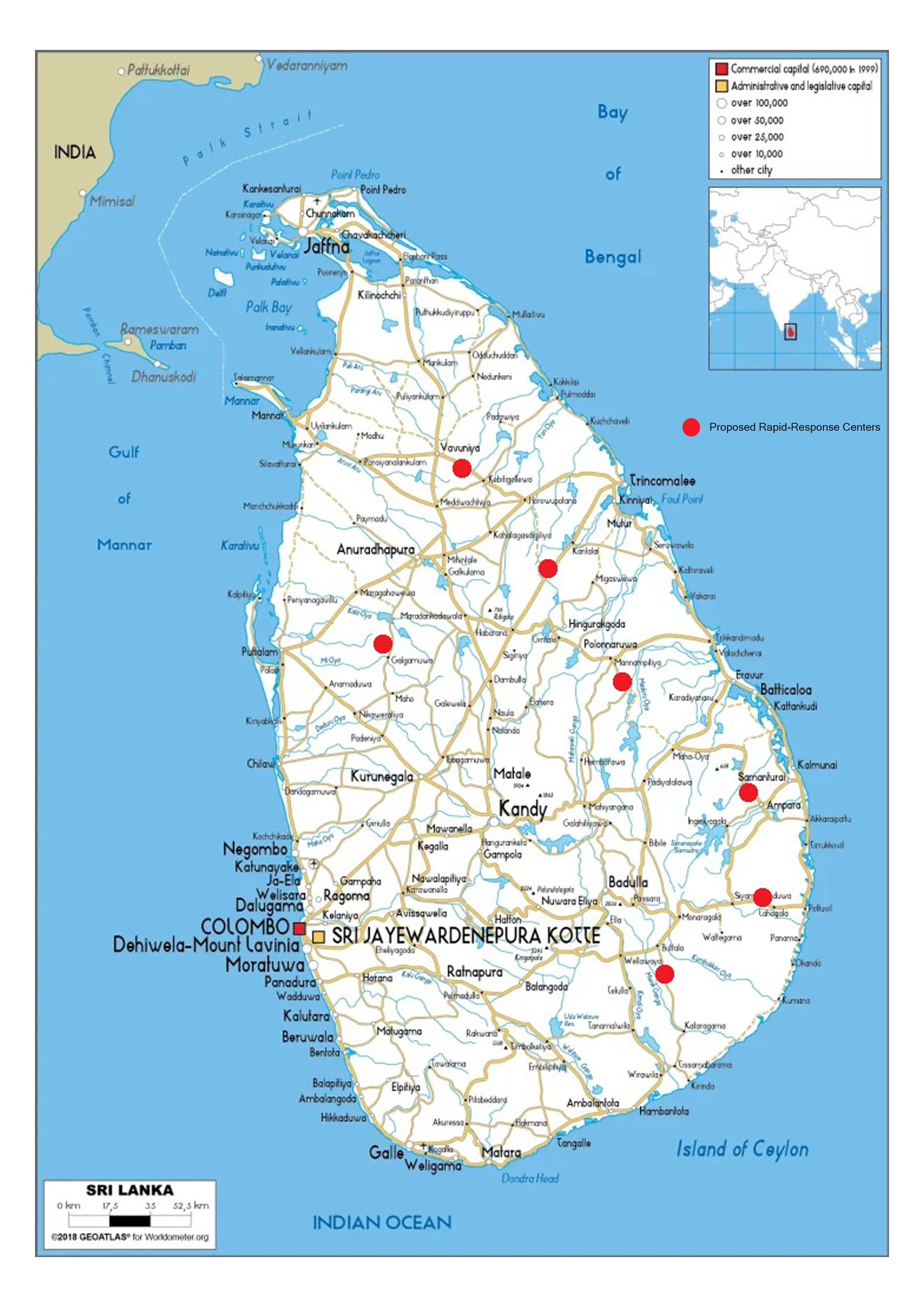 Sri Lanka Map showing 7 Proposed Rapid-Response Centers